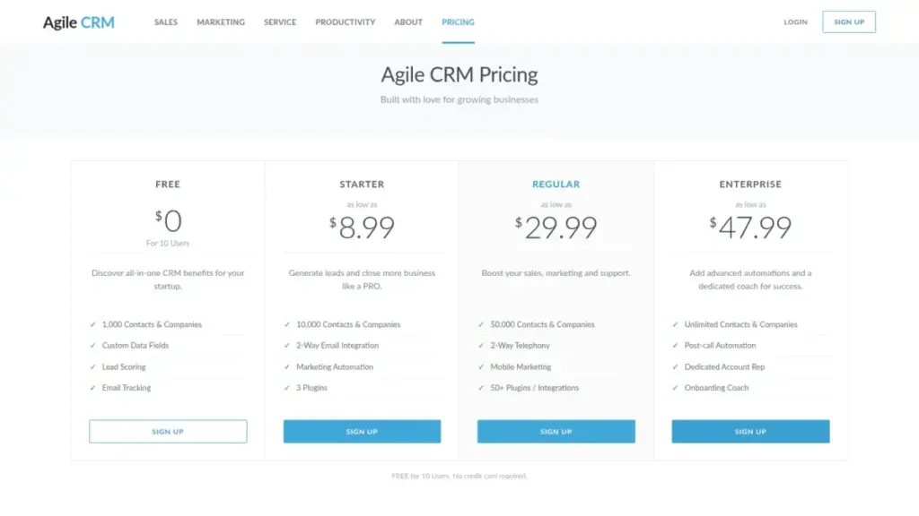 Agile CRM pricing page showing Free, Starter, Regular, and Enterprise plans