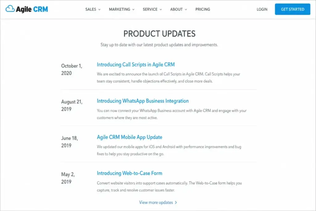 Agile CRM product updates section showing the latest visible entry dated October 1, 2020