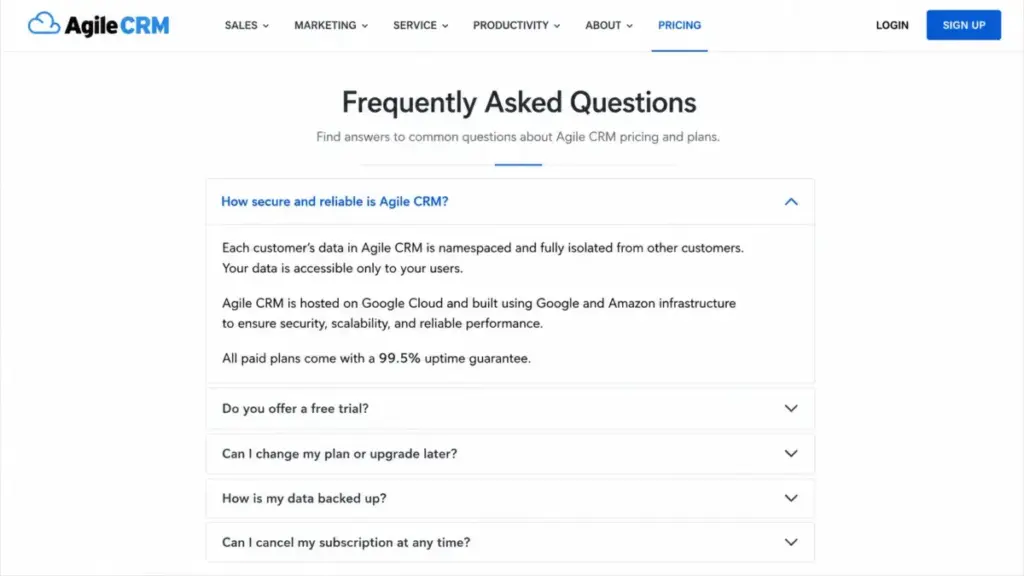 Agile CRM pricing FAQ showing Google and Amazon hosting, namespaced data, and 99.5% uptime guarantee