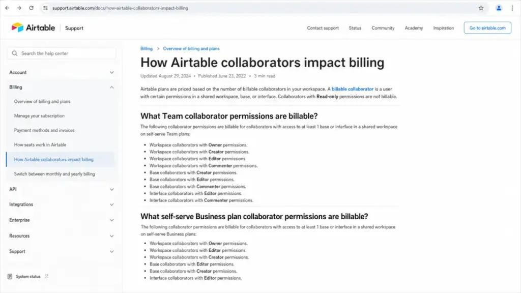Airtable support article comparing billable collaborator permissions on Team and Business plans.