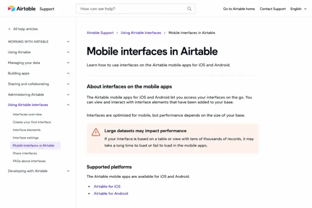 Airtable support article warning that mobile interfaces may load slowly or fail with tens of thousands of records.