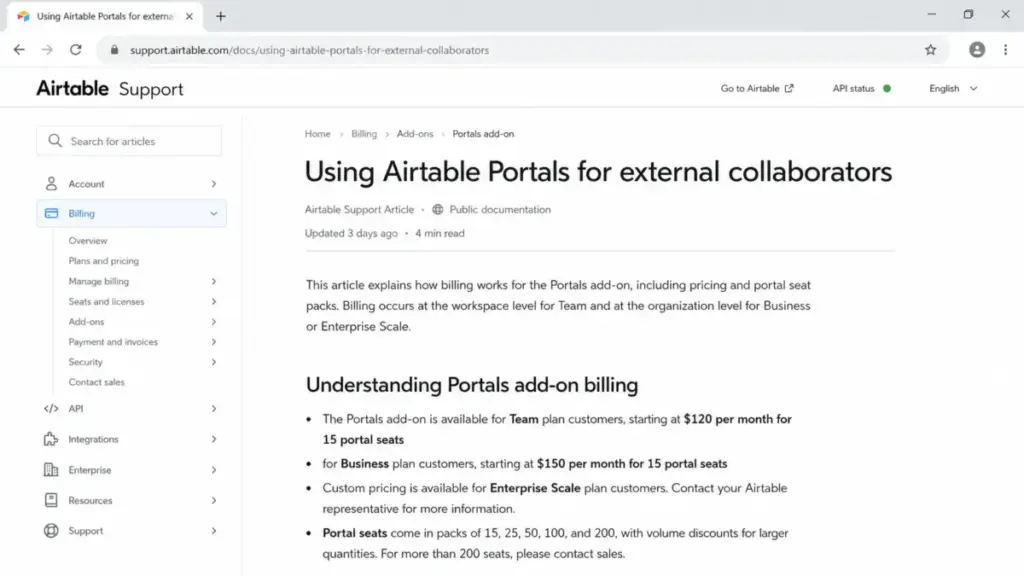 Airtable support article showing Portals pricing for Team, Business, and Enterprise Scale plans.