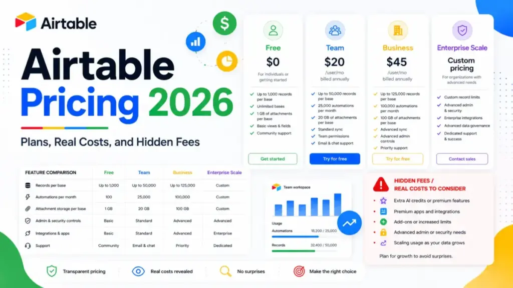 Airtable Pricing 2026 featured image showing plan comparison, pricing tiers, real costs, and hidden fees.