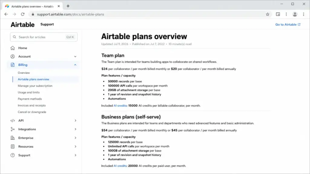 Airtable support article comparing Team and Business plan limits for records, storage, API calls, revision history, and AI credits.