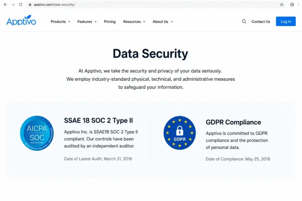 Apptivo data security page showing SSAE 18 SOC 2 Type II and GDPR compliance claims