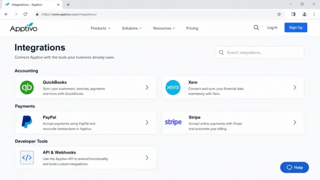 Apptivo integrations page showing QuickBooks, Xero, PayPal, Stripe, API, and Webhooks