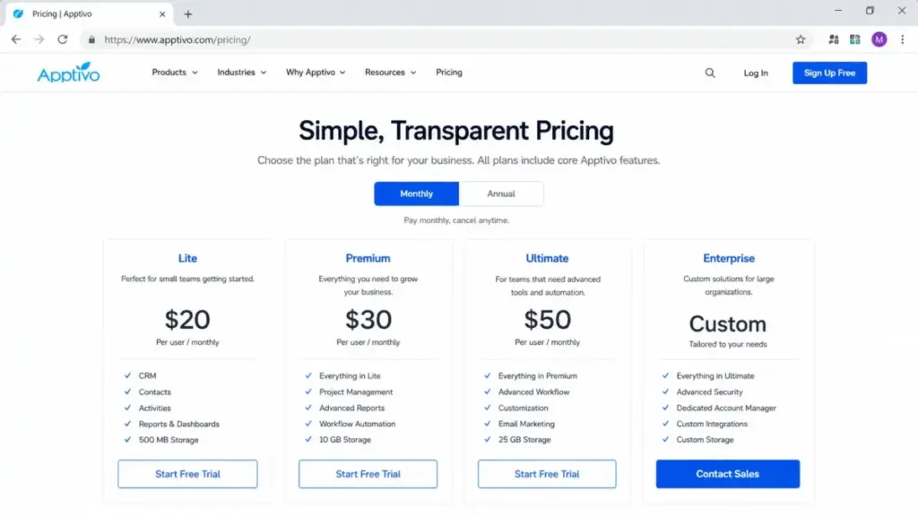 Apptivo pricing page showing Lite, Premium, Ultimate, and Enterprise monthly plans