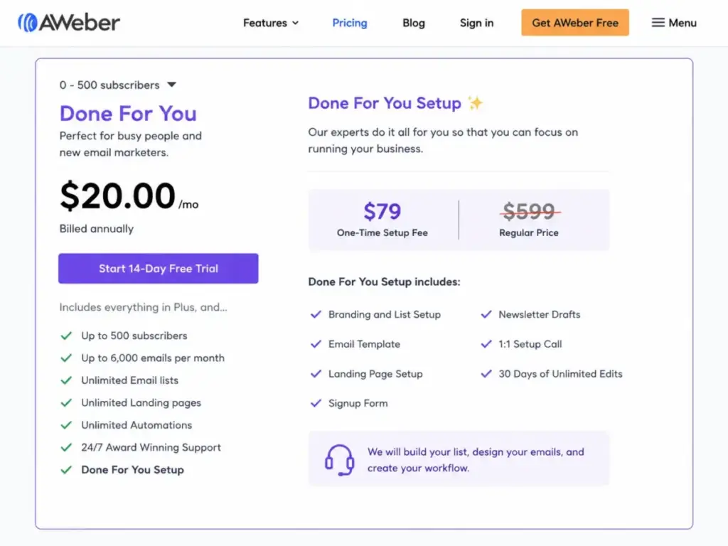 AWeber Done For You setup card showing $79 setup fee reduced from $599