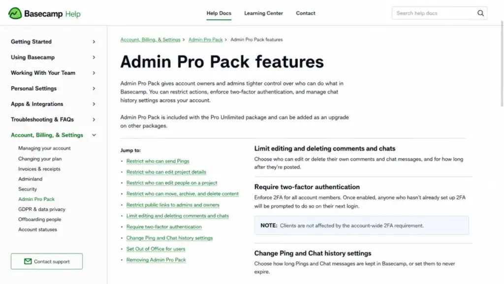 Basecamp Admin Pro Pack help article showing enforced two-factor authentication and the client exemption note.