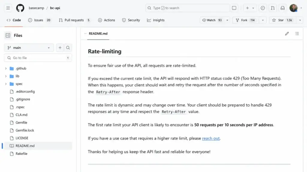 Basecamp bc-api GitHub README showing HTTP 429 handling, Retry-After headers, and the 50 requests per 10 seconds rate limit.