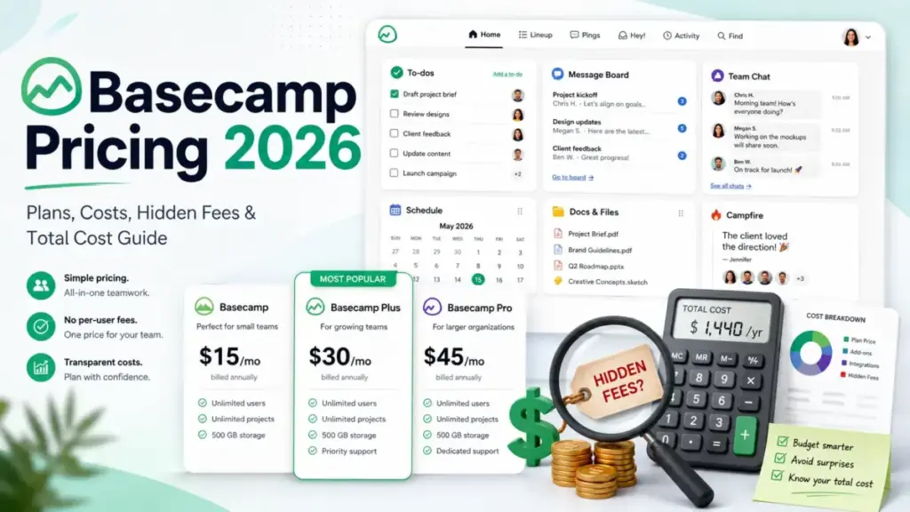 Basecamp Pricing 2026 guide with plan cards, project dashboard, calculator, coins, and hidden-fee analysis.