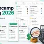 Basecamp Pricing 2026 guide with plan cards, project dashboard, calculator, coins, and hidden-fee analysis.