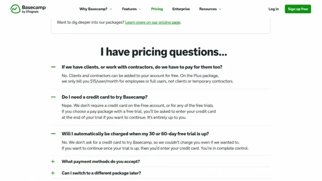 Basecamp pricing FAQ showing that clients and contractors are free and free trials require no credit card.