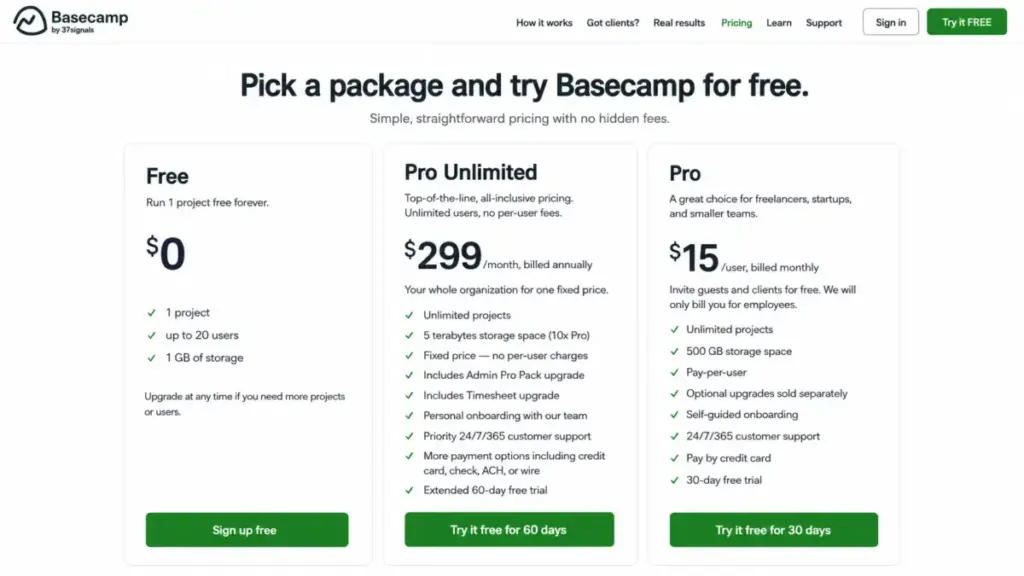 Basecamp pricing page showing Free, Pro Unlimited, and Pro plans with prices, storage limits, user limits, and trial options.