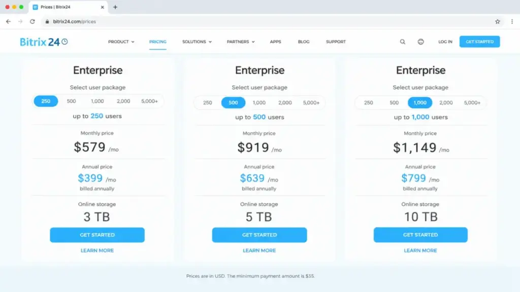Bitrix24 Enterprise pricing page screenshot mockup showing user package selector at 250, 500, and 1,000 users.