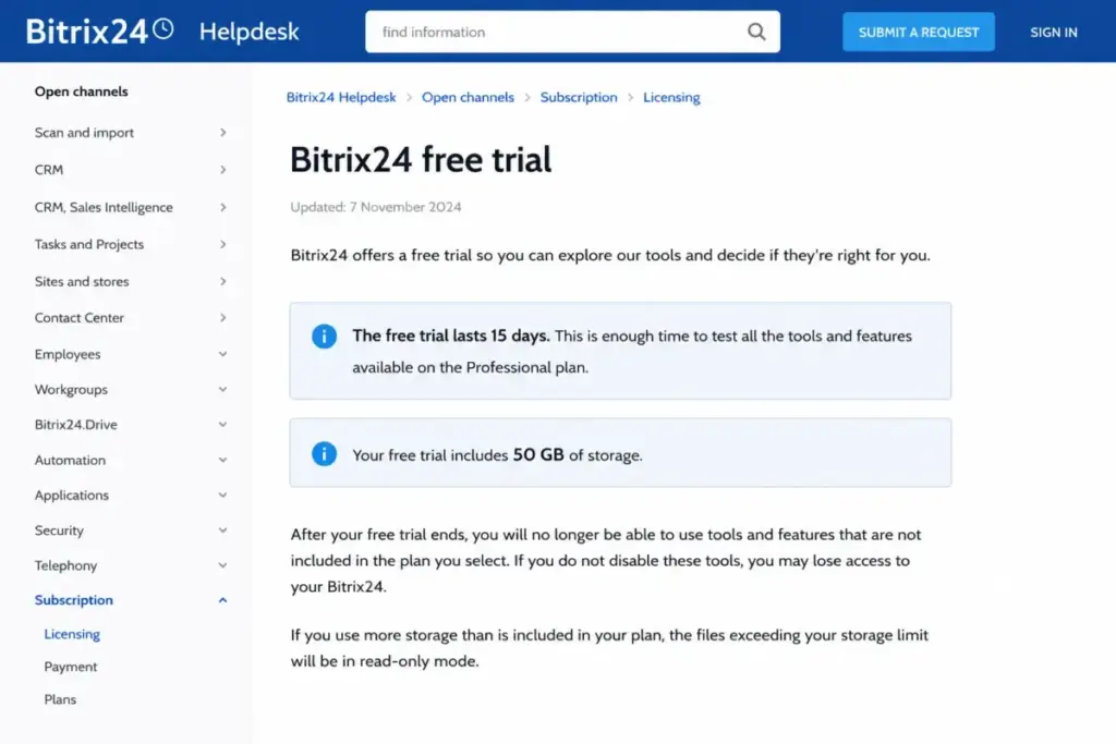 Bitrix24 Helpdesk article showing the 15-day Professional trial, 50 GB storage, and post-trial restrictions.