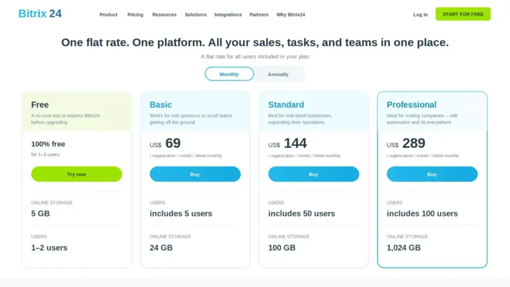 Bitrix24 pricing page screenshot mockup with monthly billing selected and Free, Basic, Standard, and Professional plans.