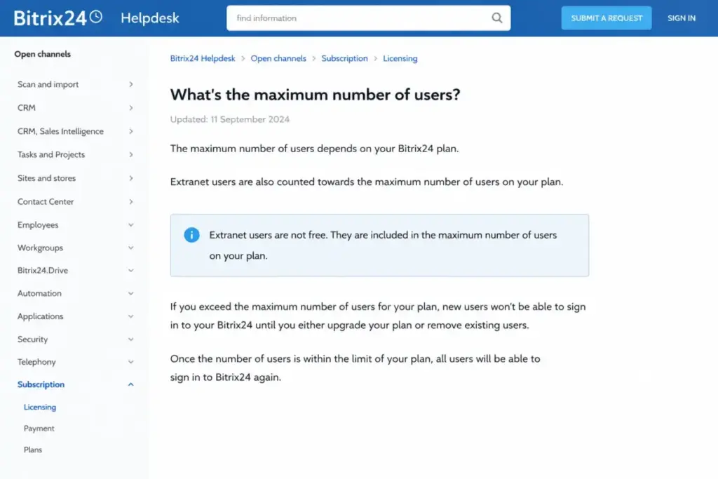 Bitrix24 Helpdesk article explaining that extranet users count toward plan limits and excess users cannot sign in.