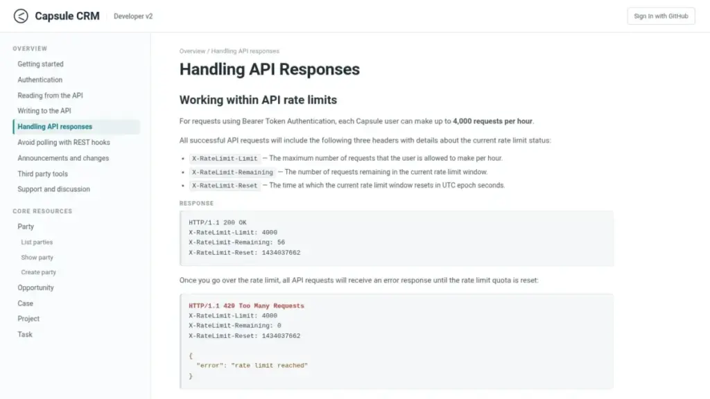 Capsule CRM API rate limit of 4,000 requests per user per hour
