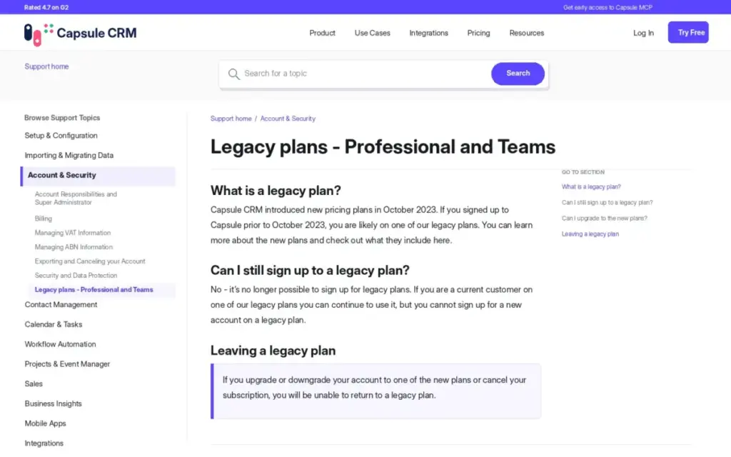 Capsule CRM support article explaining legacy Professional and Teams plans