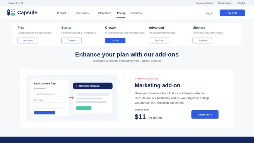 Capsule CRM Marketing add-on starting at $11 per month
