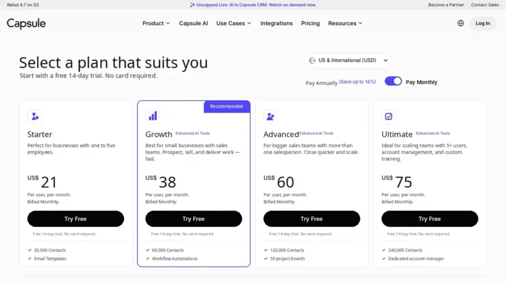 Capsule CRM monthly pricing for Starter, Growth, Advanced, and Ultimate plans