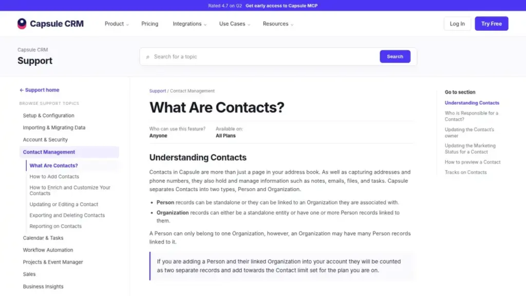 Capsule CRM explains how Person and Organisation records count toward contact limits