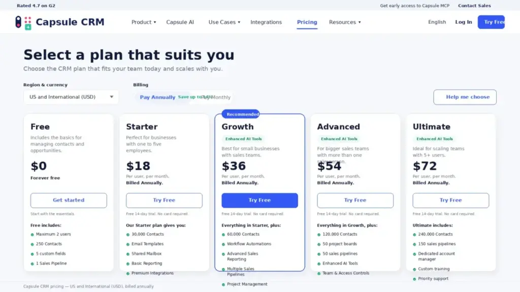 Capsule CRM pricing page showing five plans with annual billing in USD