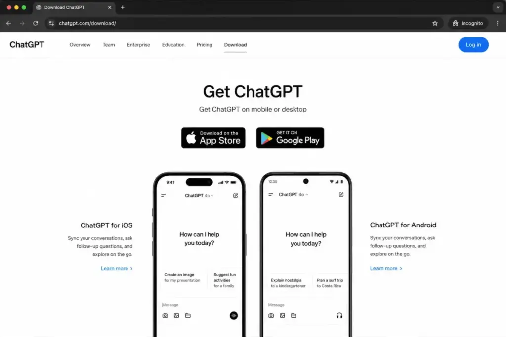 Screenshot-style mockup of the ChatGPT download page showing iOS and Android app listings with App Store and Google Play download buttons.