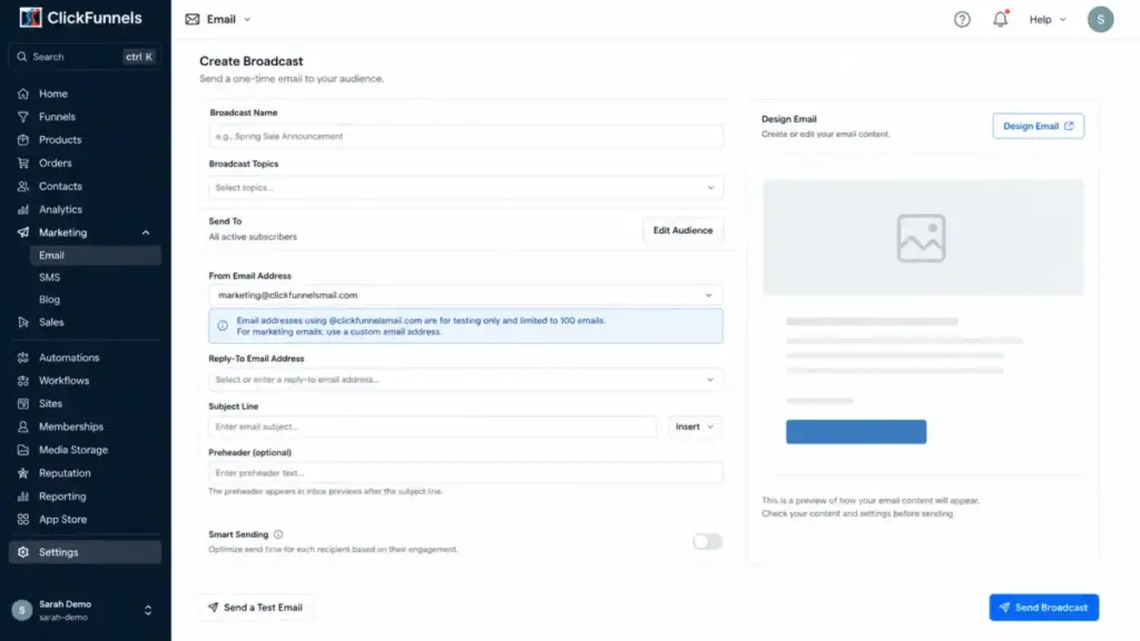 ClickFunnels Broadcast composer mockup showing the From Email Address field and @clickfunnelsmail.com testing-only warning.