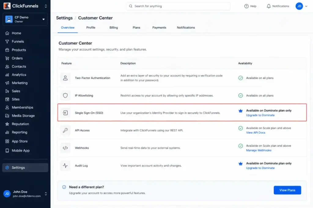 ClickFunnels Customer Center settings mockup showing Single Sign-On available on the Dominate plan only.