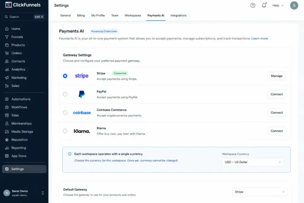 ClickFunnels Payments AI settings mockup showing gateway options and a workspace currency note.