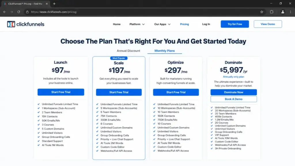 ClickFunnels pricing page mockup showing Launch, Scale, Optimize, and Dominate plans with monthly pricing and plan limits.