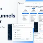 ClickFunnels Review featured image showing pricing plans, Payments AI, Broadcast composer, and Customer Center settings mockups.
