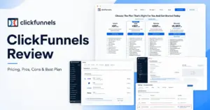 ClickFunnels Review featured image showing pricing plans, Payments AI, Broadcast composer, and Customer Center settings mockups.