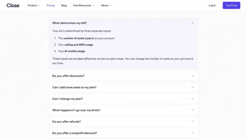 Close CRM pricing FAQ explaining seats, calling and SMS usage, and AI credits as billing inputs.
