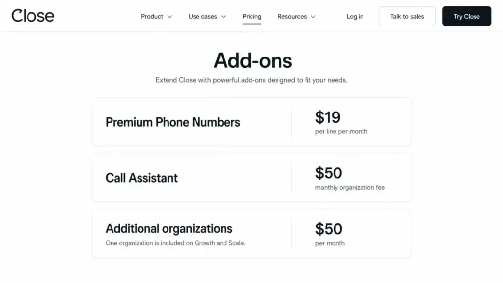 Close pricing add-ons section showing Premium Phone Numbers, Call Assistant, and Additional organizations with prices.
