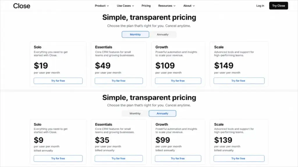 Close pricing page showing Solo, Essentials, Growth, and Scale plans with monthly and annual billing prices.