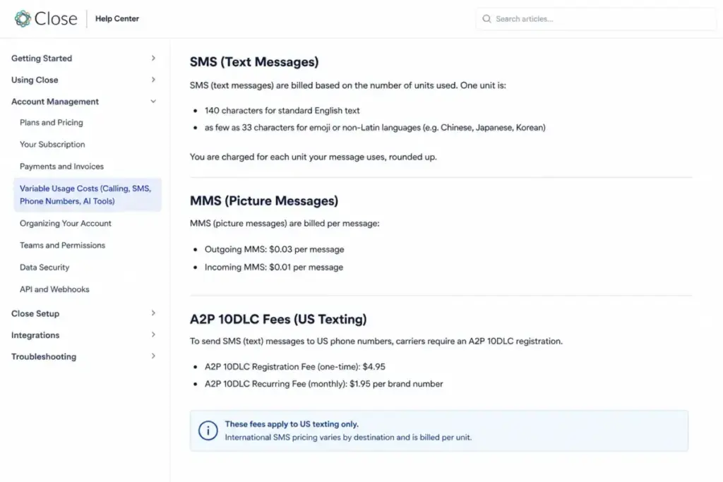 Close Help Center article explaining SMS units, MMS rates, and A2P 10DLC fees for US texting.