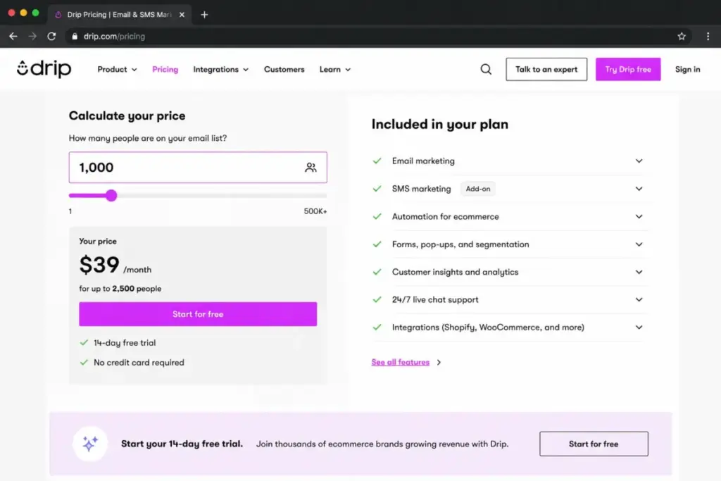 Drip pricing calculator mockup showing the $39/month plan for up to 2,500 people and 14-day free trial.