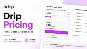Drip Pricing featured image showing the $39/month plan, 14-day free trial, and pricing calculator mockup.