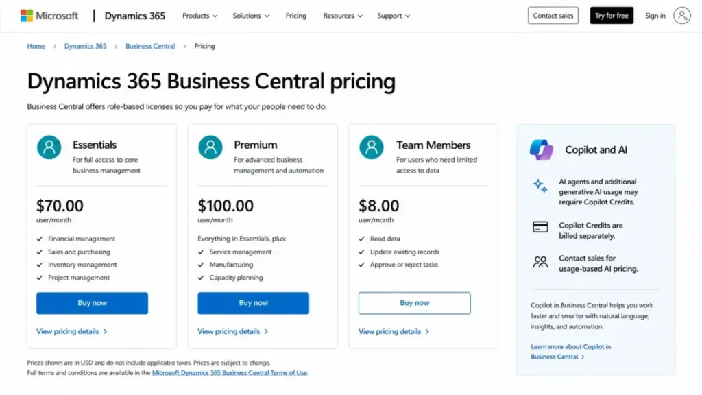 Dynamics 365 Business Central pricing page showing Essentials, Premium, Team Members, and separately billed Copilot Credits.