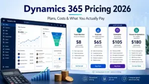 Dynamics 365 pricing 2026 comparison showing plans, costs, dashboard features, and estimated monthly prices.