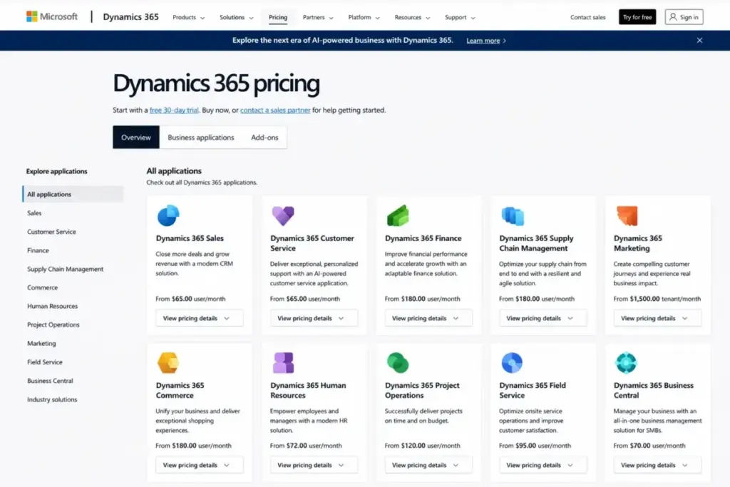 Screenshot-style mockup of the Microsoft Dynamics 365 pricing overview showing separately priced CRM and ERP applications.