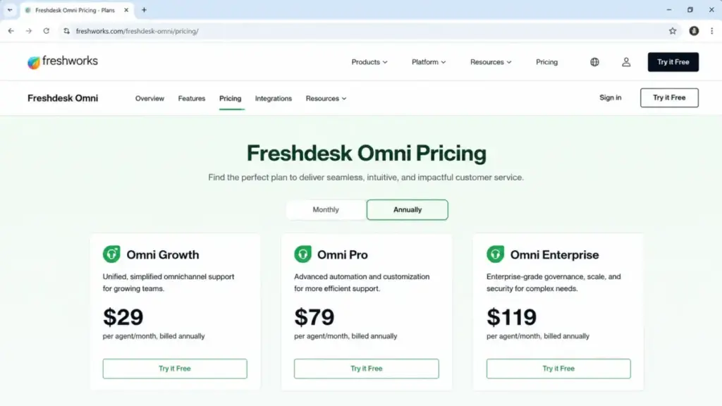 Freshdesk Omni pricing page showing Omni Growth, Omni Pro, and Omni Enterprise annual per-agent plans