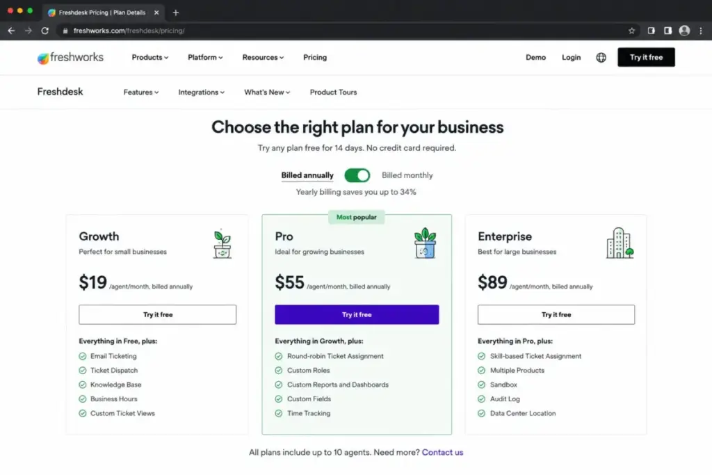 Freshdesk pricing page showing Growth, Pro, and Enterprise annual per-agent plans