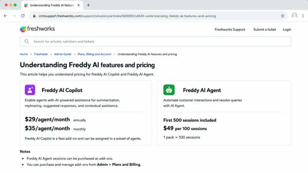 Freshworks Freddy AI pricing page showing Copilot per-agent pricing and AI Agent session pack costs