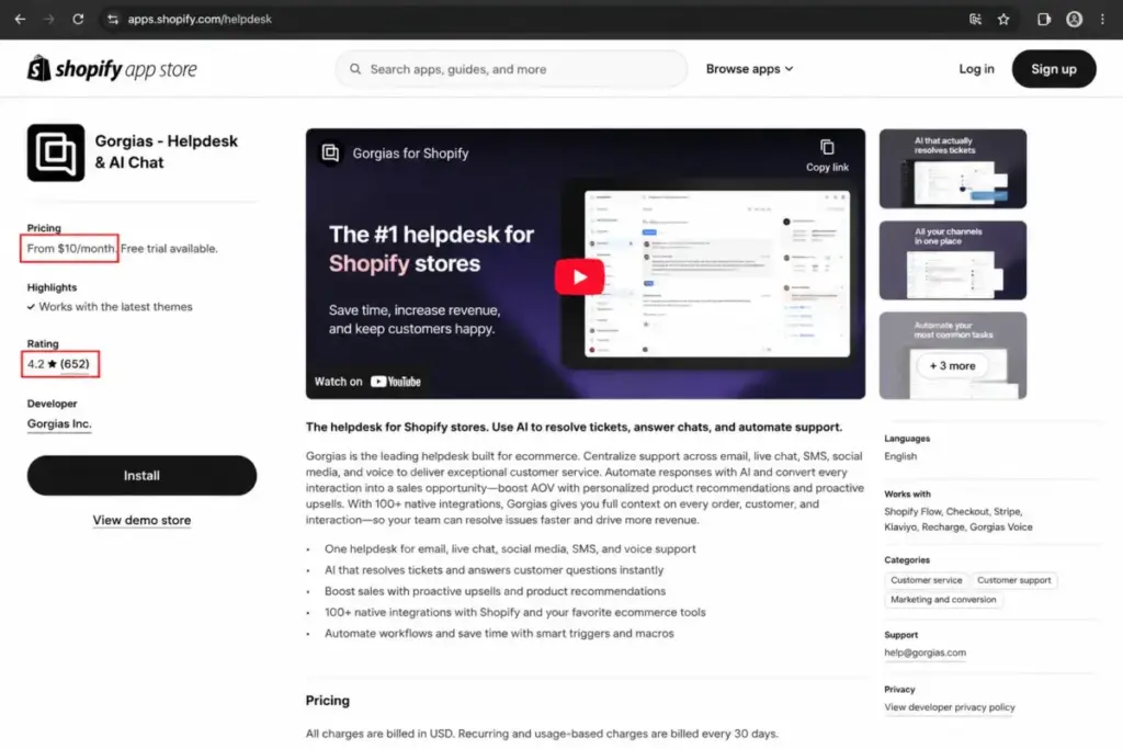 Gorgias Shopify App Store listing mockup showing pricing, free trial, rating, review count, and install button.