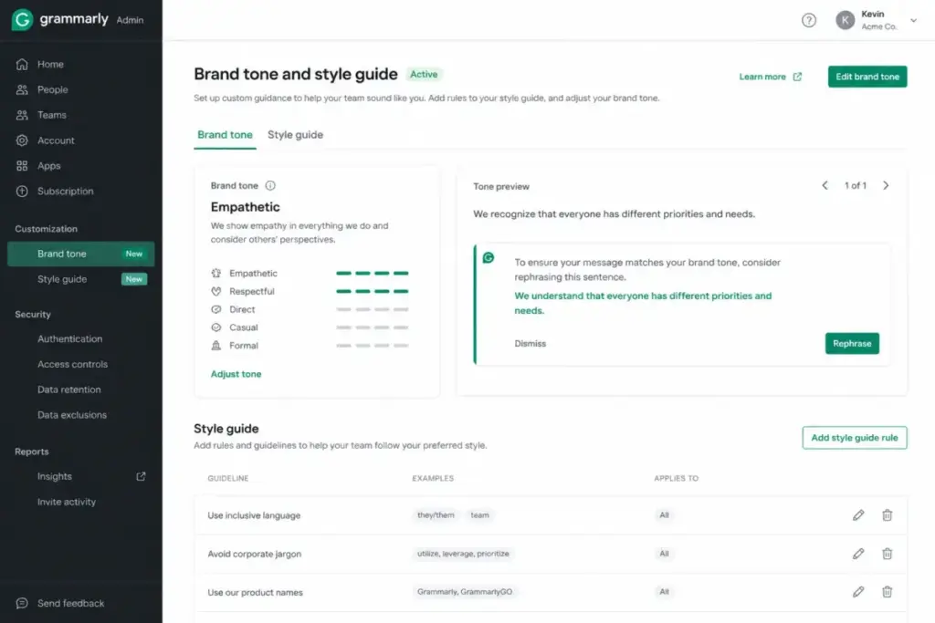 Grammarly admin console showing brand tone and style guide controls for a team workspace.