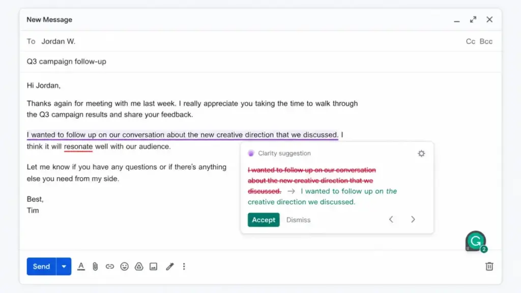 Grammarly suggestion card shown inside an email compose window with inline writing corrections.